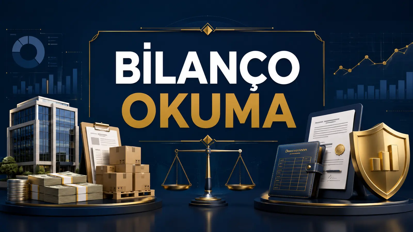 Bilanço kalemlerinin okunmasını temsil eden varlıklar, yükümlülükler, özkaynak ve denge terazisi