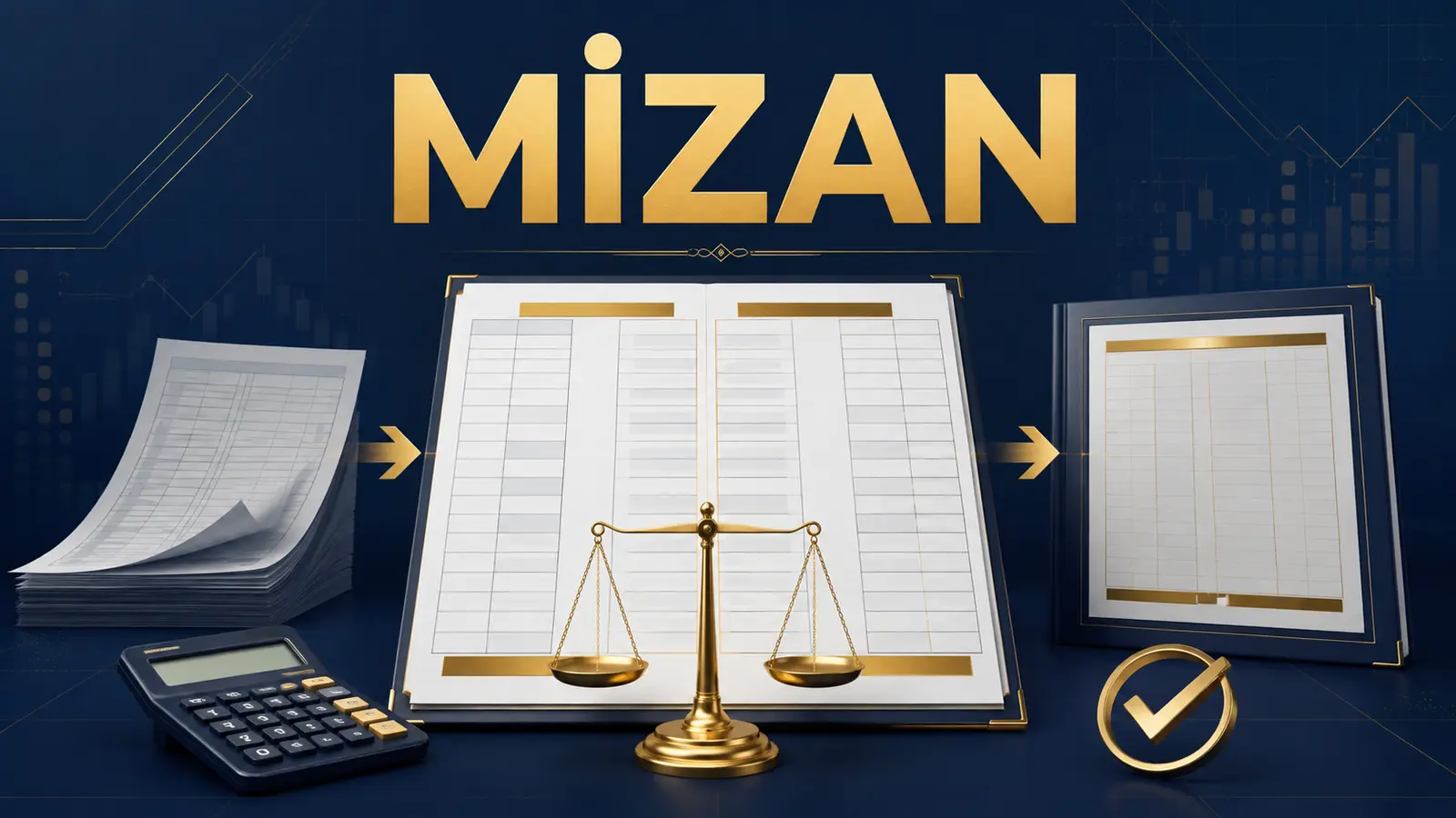 Geçici ve kesin mizan arasındaki muhasebe kontrol sürecini gösteren borç-alacak tablosu ve denge terazisi