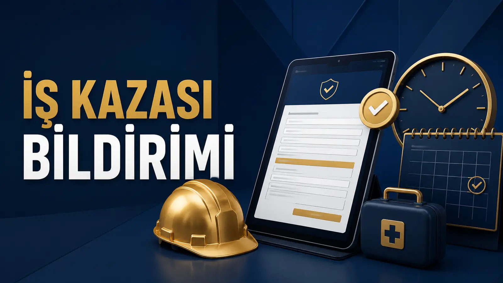 İş kazasının SGK’ya üç iş günü içinde bildirilmesini temsil eden dijital bildirim formu ve iş güvenliği ekipmanları