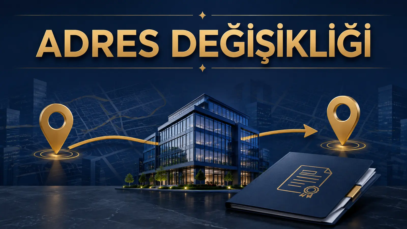 Şirket merkez adresinin MERSİS ve ticaret sicilinde değiştirilmesini temsil eden ofis binası ve konum işaretleri