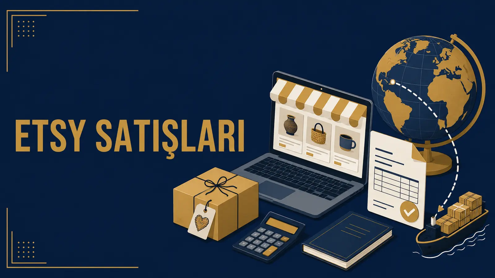 Etsy satışlarında vergi, fatura ve mikro ihracat süreçlerini temsil eden kurumsal e-ticaret görseli