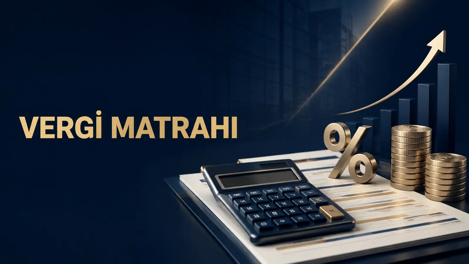 Vergi matrahı hesaplamasını temsil eden hesap makinesi, finansal belgeler ve yüzde işareti
