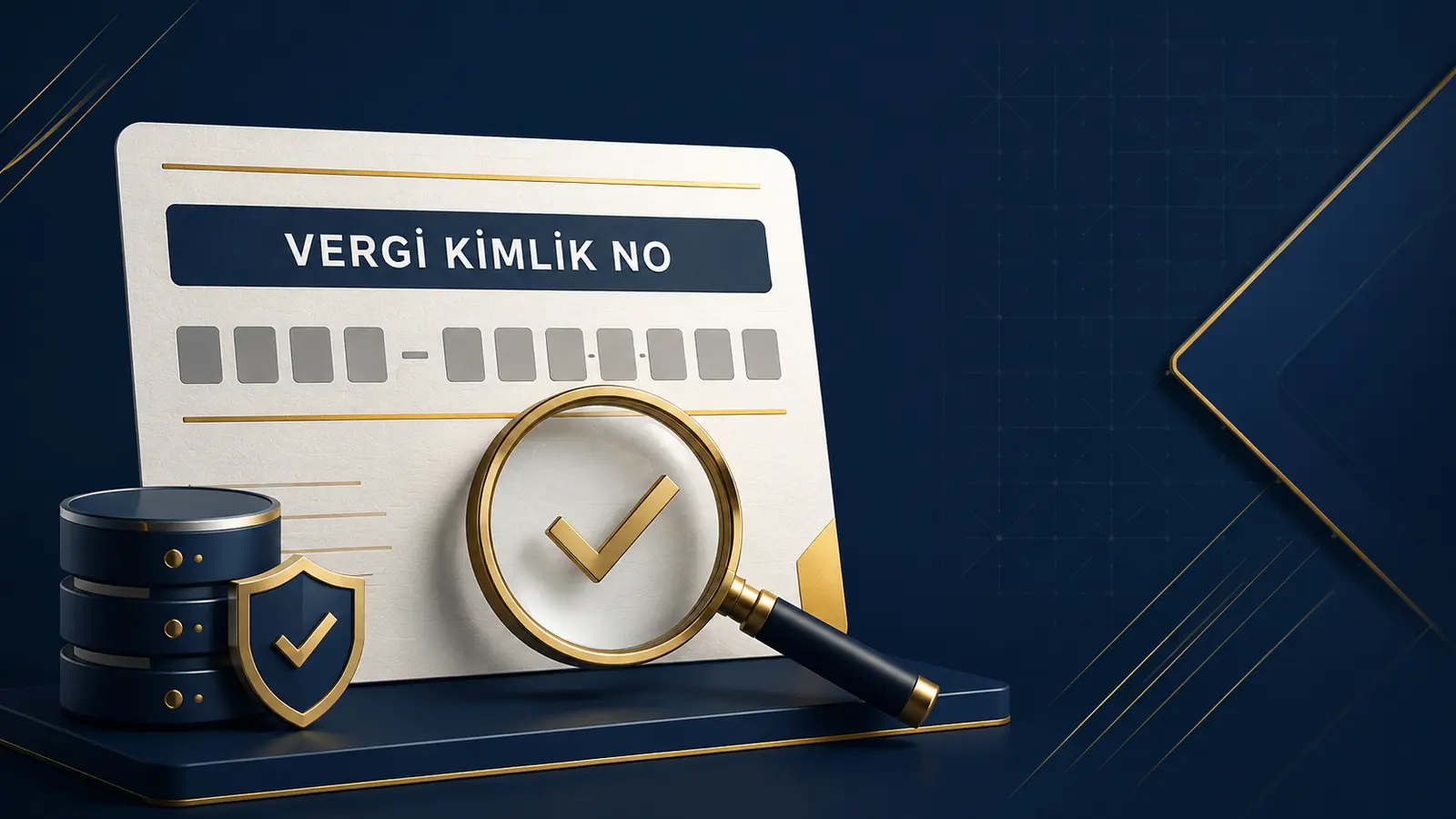 Vergi kimlik numarası sorgulama ve doğrulama işlemini temsil eden kurumsal belge ve büyüteç