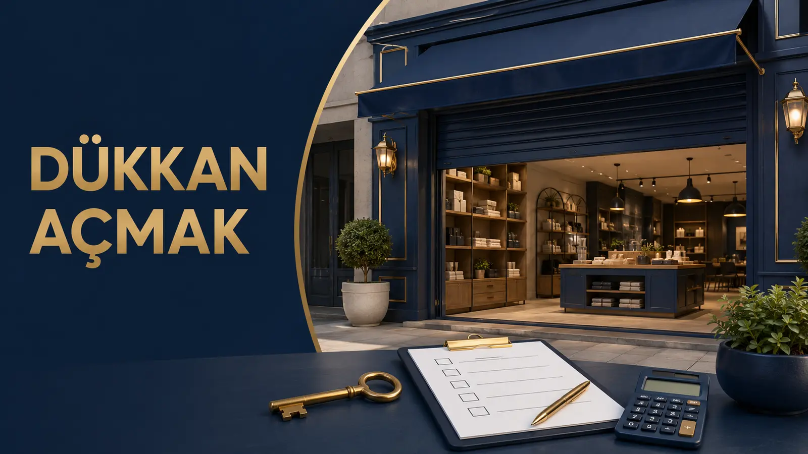 Dükkan açma sürecini temsil eden mağaza, anahtar, ruhsat kontrol listesi ve hesap makinesi