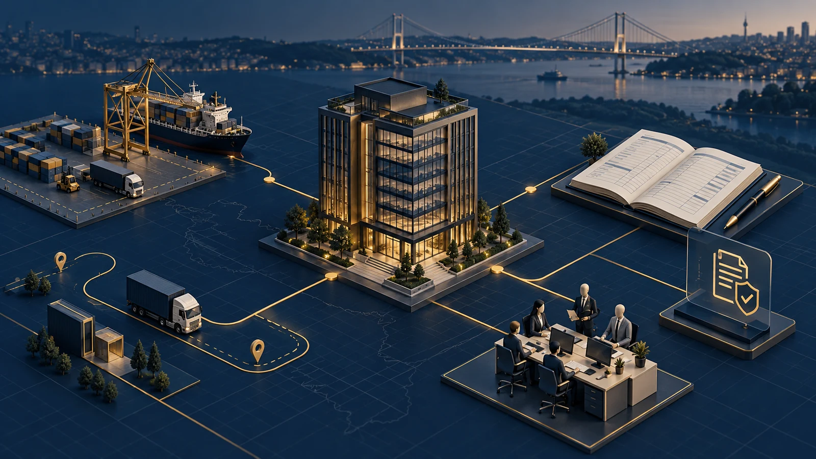 An interconnected business district representing tax, accounting, payroll and trade operations in Turkey